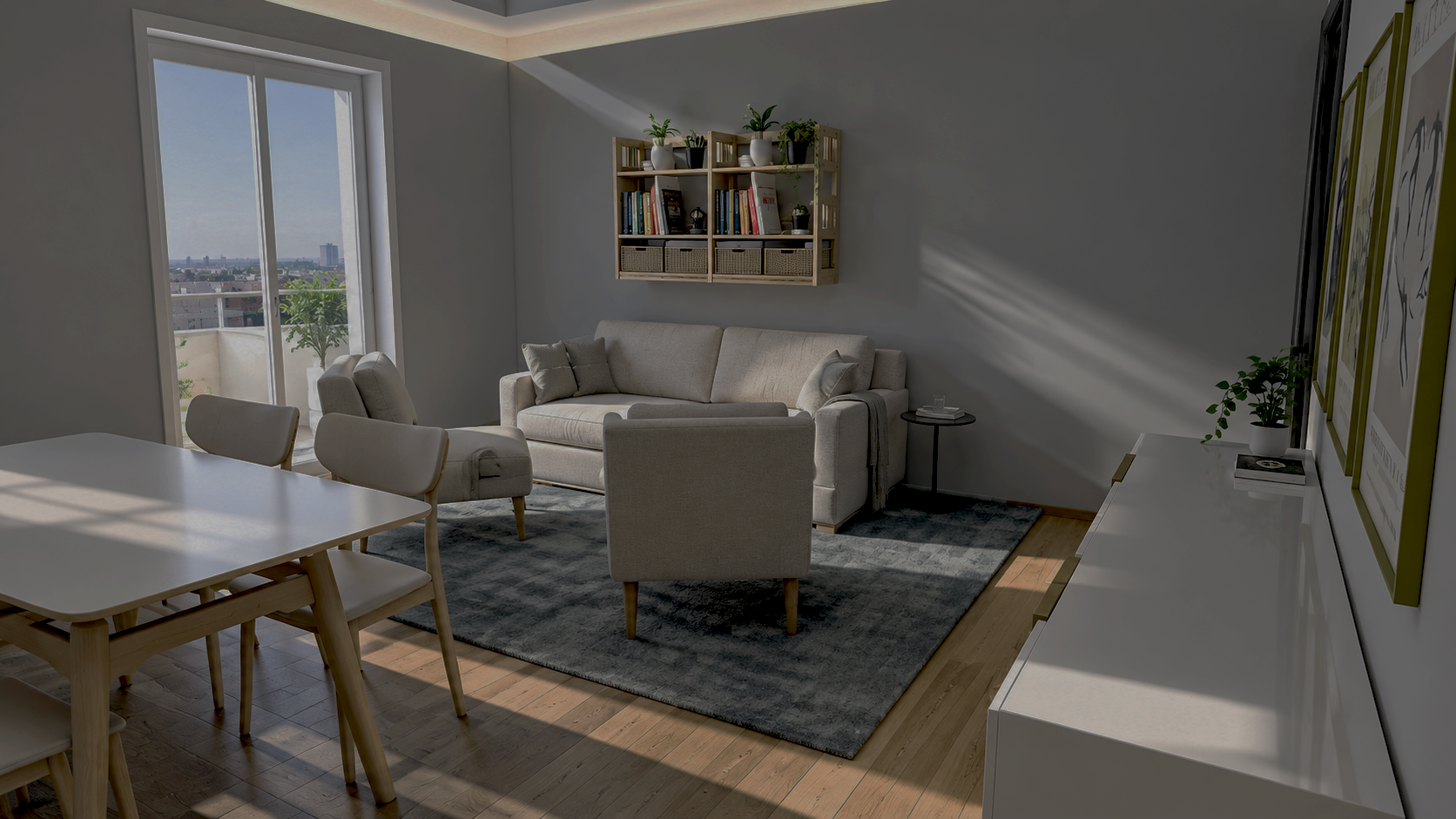 Render della zona giorno all'ultimo piano