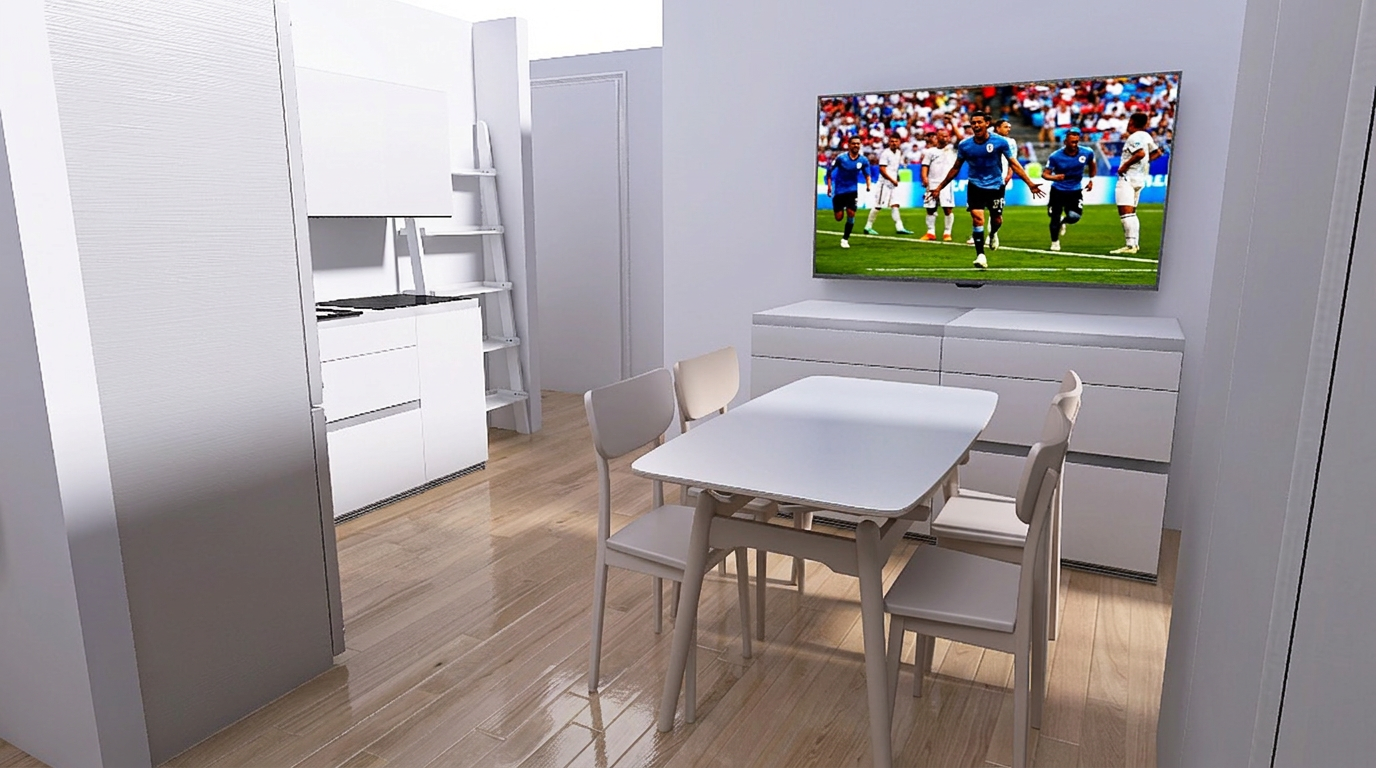 Render della zona giorno con cucina del trilocale con balcone